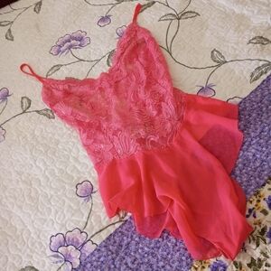 Vintage Y2K 1996 Victoria Secret Pink Lace Lylon Nightie Lingerie Ruffle sheer M